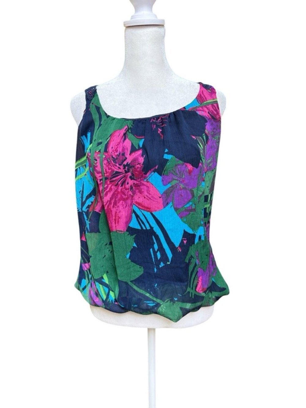 Express Floral Tank Medium Lace Back Sleeveless Blouse Blue Pink